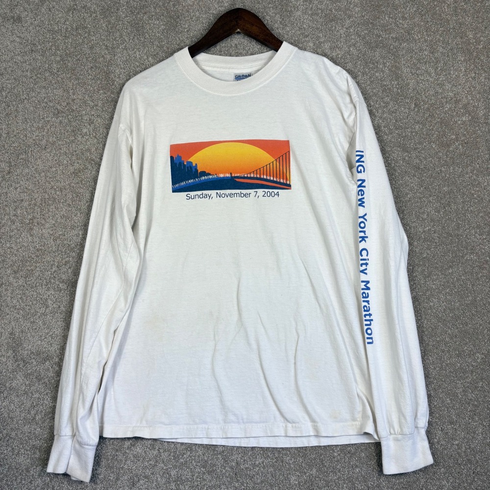 Vintage 2004 ING New York City Marathon Long Sleeve Shirt White Mens L Gildan